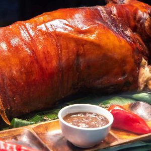 Traditional Filipino food Lechon with soy sauce