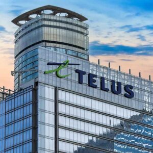 Logo of Telus communication company on top of a building in Toronto