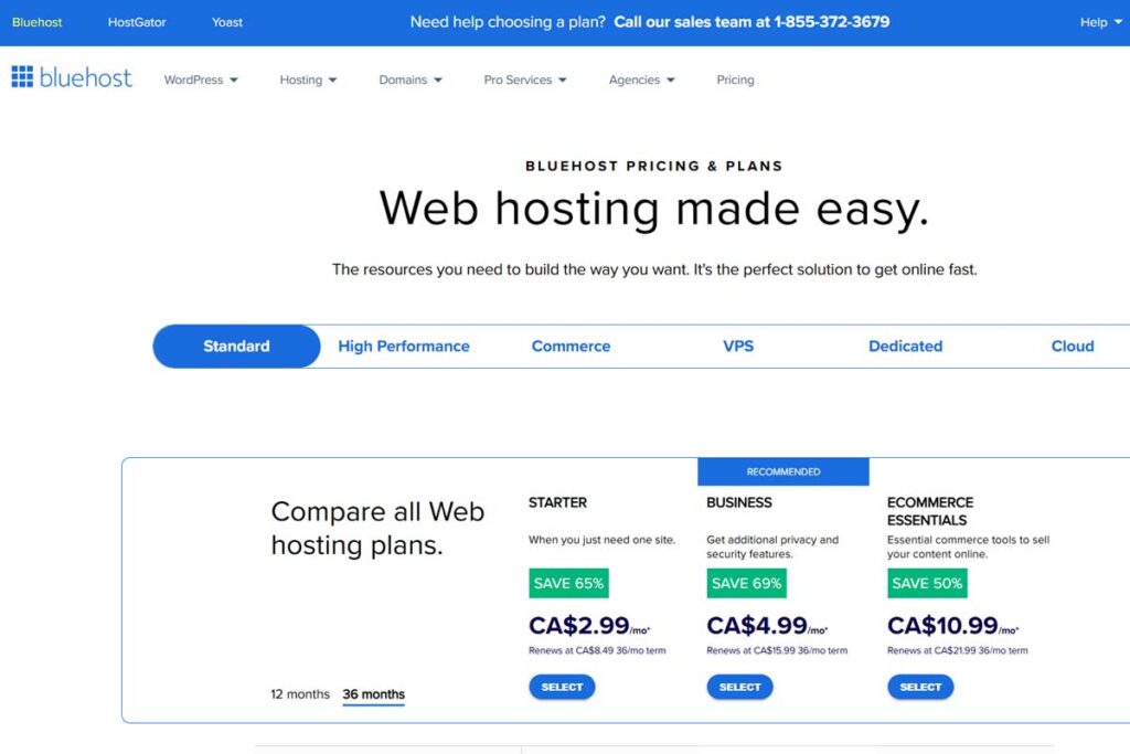 Bluehost Canada hosting plans screenshot