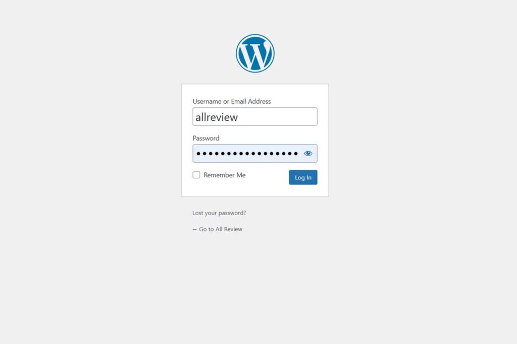 Wordpress website login screenshot
