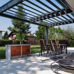 Louvered Pergola setup inside a house in Canada