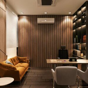 Modern Office Interior with Wooden Wall Paneling