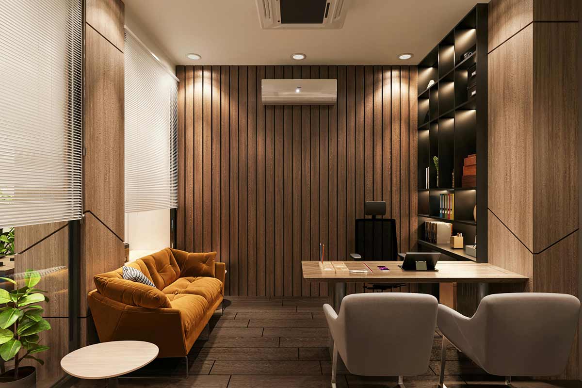 Modern Office Interior with Wooden Wall Paneling